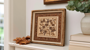 Mantel decor ideas featuring a framed botanical art piece, dried leaves, neutral books, and a ceramic vase with eucalyptus.