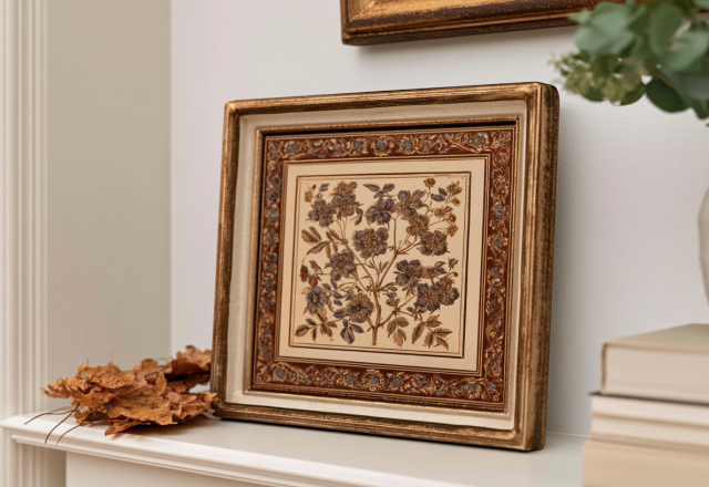 Mantel decor ideas featuring a framed botanical art piece, dried leaves, neutral books, and a ceramic vase with eucalyptus.