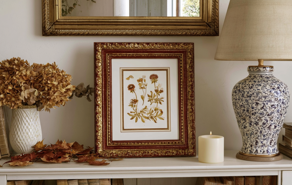 Elegant transitional mantel decor ideas featuring vintage artwork, a patterned ceramic lamp, and dried florals.