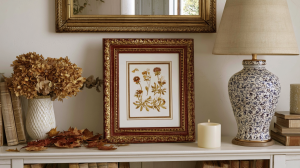 Elegant transitional mantel decor ideas featuring vintage artwork, a patterned ceramic lamp, and dried florals.