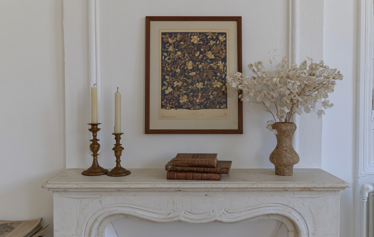A minimalist fireplace mantel decorated with vintage botanical art, brass candlesticks, and dried florals.