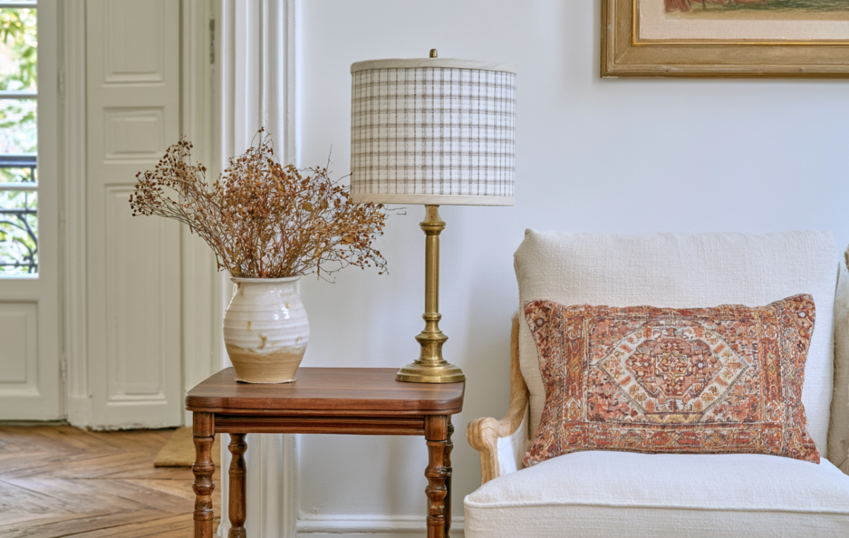 Accent lighting styling featuring a brass table lamp and wooden side table next to a neutral armchair