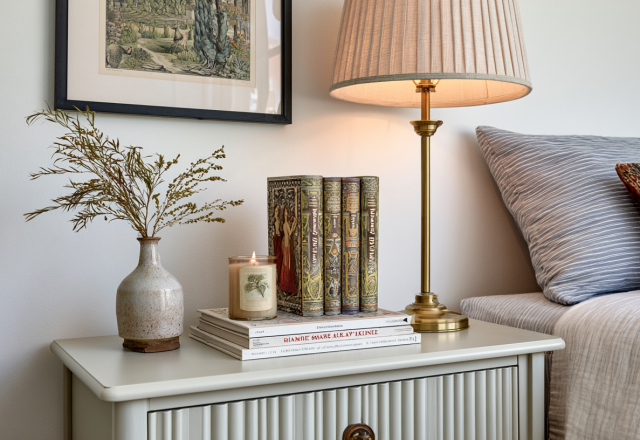 Elegant bedside table styling with a pleated lamp, stacked vintage books, scented candle, and ceramic vase with dried botanicals.