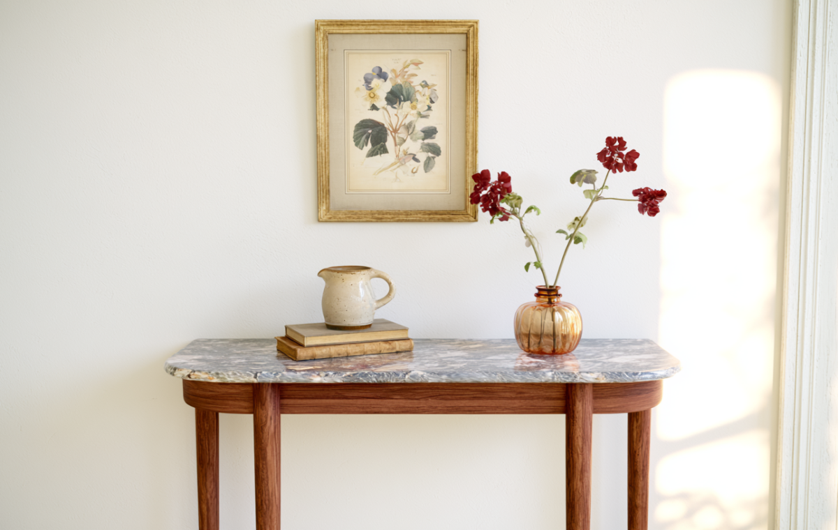 Console table styling with marble top, framed botanical art, and amber glass vase in a bright entryway.