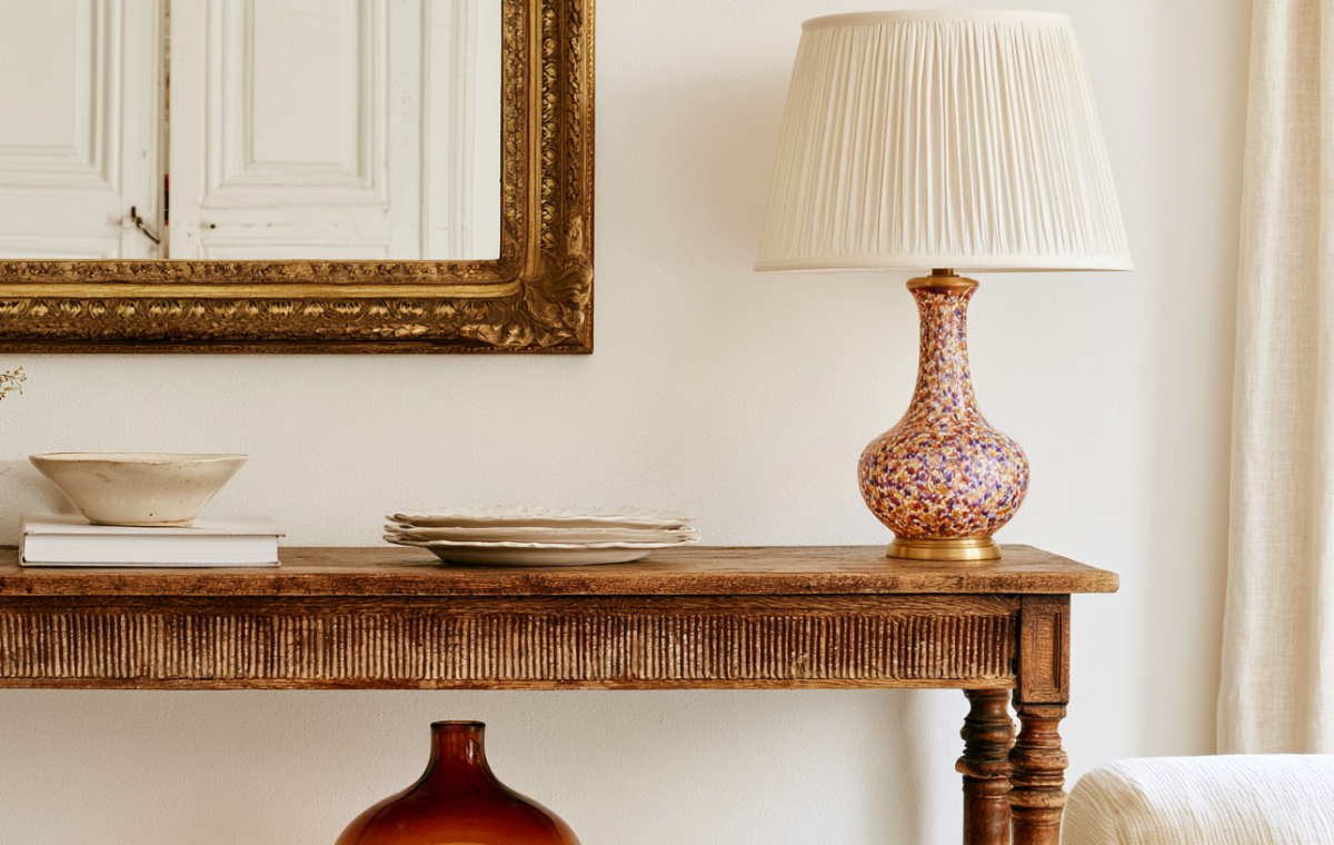 Vintage gold mirror and speckled ceramic lamp on a rustic wooden console table in a living room.