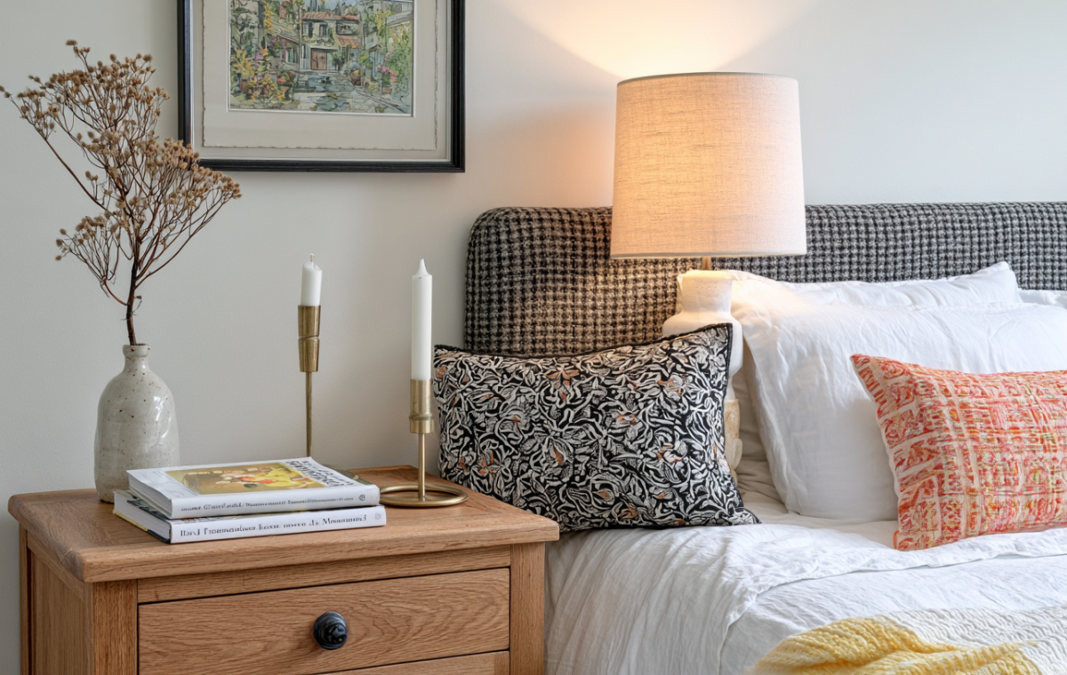 Cozy nightstand styling featuring a wooden bedside table, ceramic lamp, candles, and framed art in a neutral master bedroom.