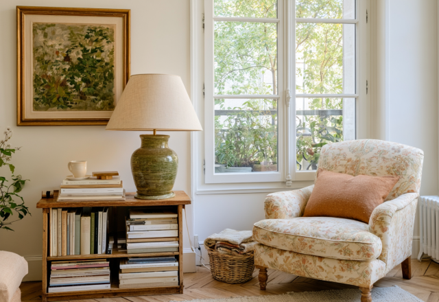 Cozy living room bookshelf styling featuring a wooden low shelf, ceramic lamp, and floral armchair.