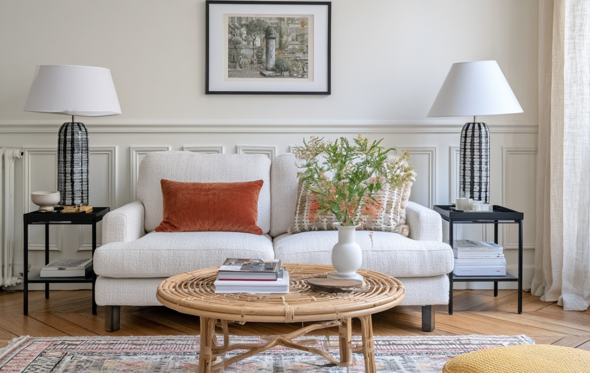 Bright neutral living room styling featuring a cream sofa, textured pillows, matching lamps, and a rattan coffee table.