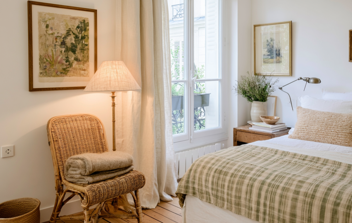 Cozy small bedroom styling featuring neutral linen curtains and green plaid bedding.