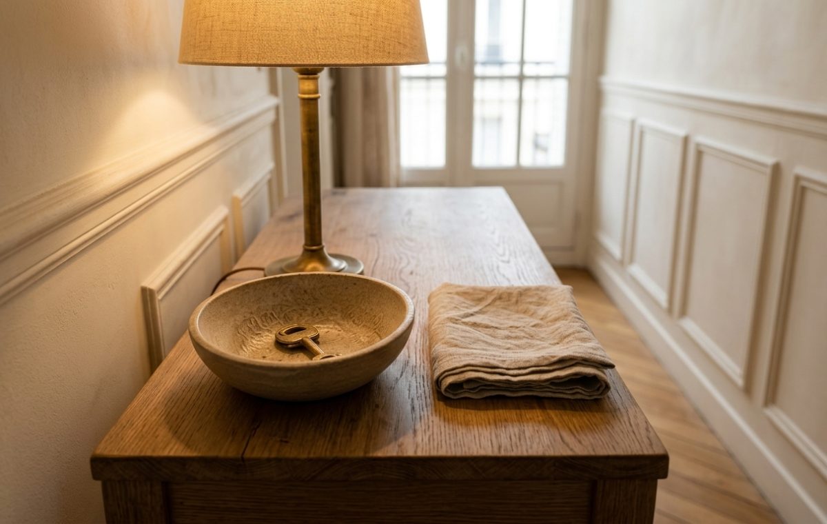A minimalist entryway drop zone with a wooden console, stone bowl containing a brass key, and a warm lamp.