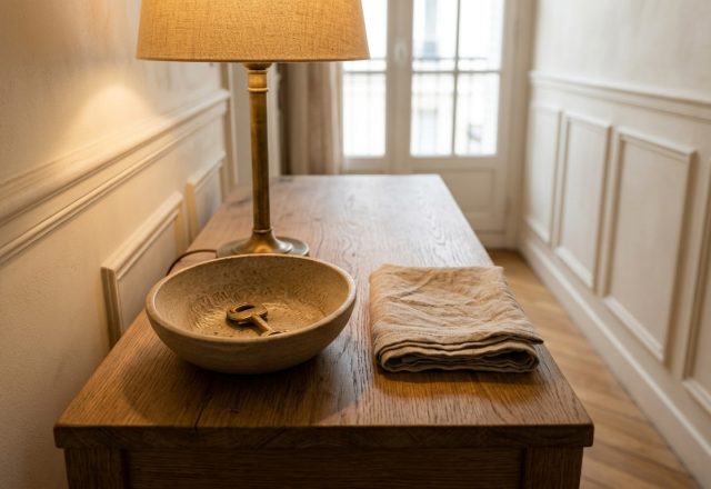 A minimalist entryway drop zone with a wooden console, stone bowl containing a brass key, and a warm lamp.