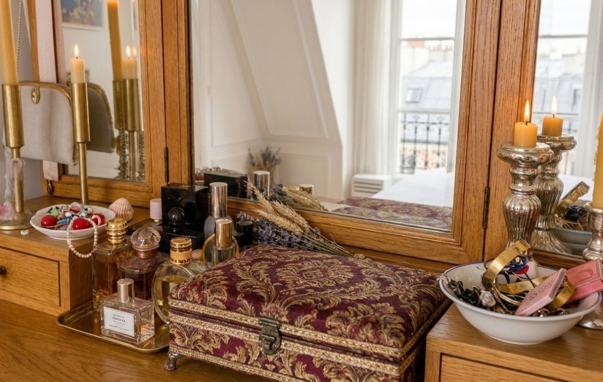 Vintage vanity table organization featuring perfume bottles, brass candleholders, and a velvet jewelry box.