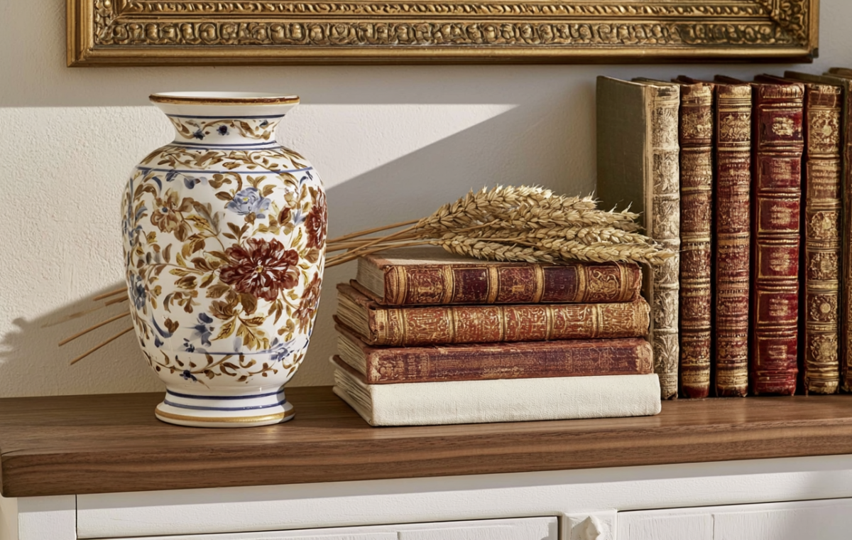 Vintage shelf styling featuring antique leather-bound books and a floral ceramic vase on a dark wood console table.