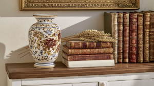 Vintage shelf styling featuring antique leather-bound books and a floral ceramic vase on a dark wood console table.