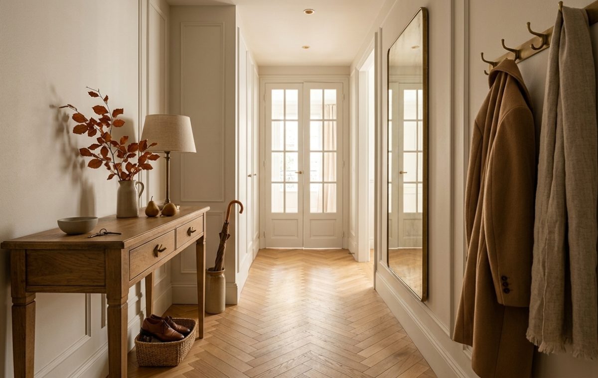 Warm neutral hallway styling featuring a wood console table, brass mirror, and herringbone wood flooring.