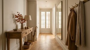 Warm neutral hallway styling featuring a wood console table, brass mirror, and herringbone wood flooring.
