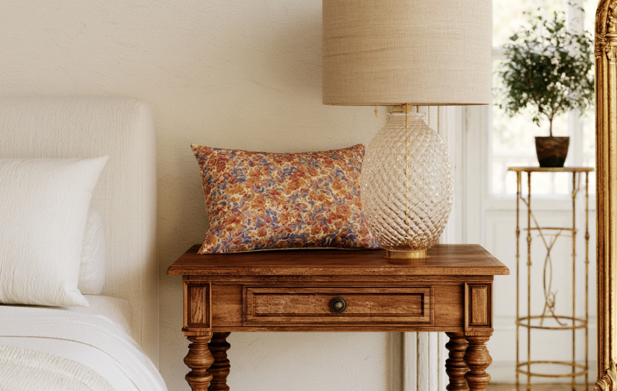 Wooden nightstand styling featuring a glass lamp and patterned pillow in a bright bedroom