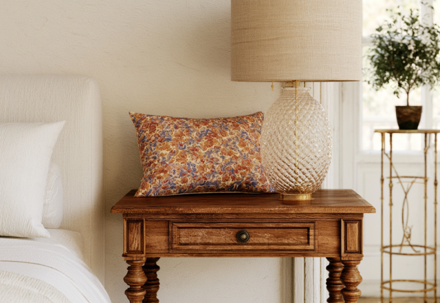 Wooden nightstand styling featuring a glass lamp and patterned pillow in a bright bedroom