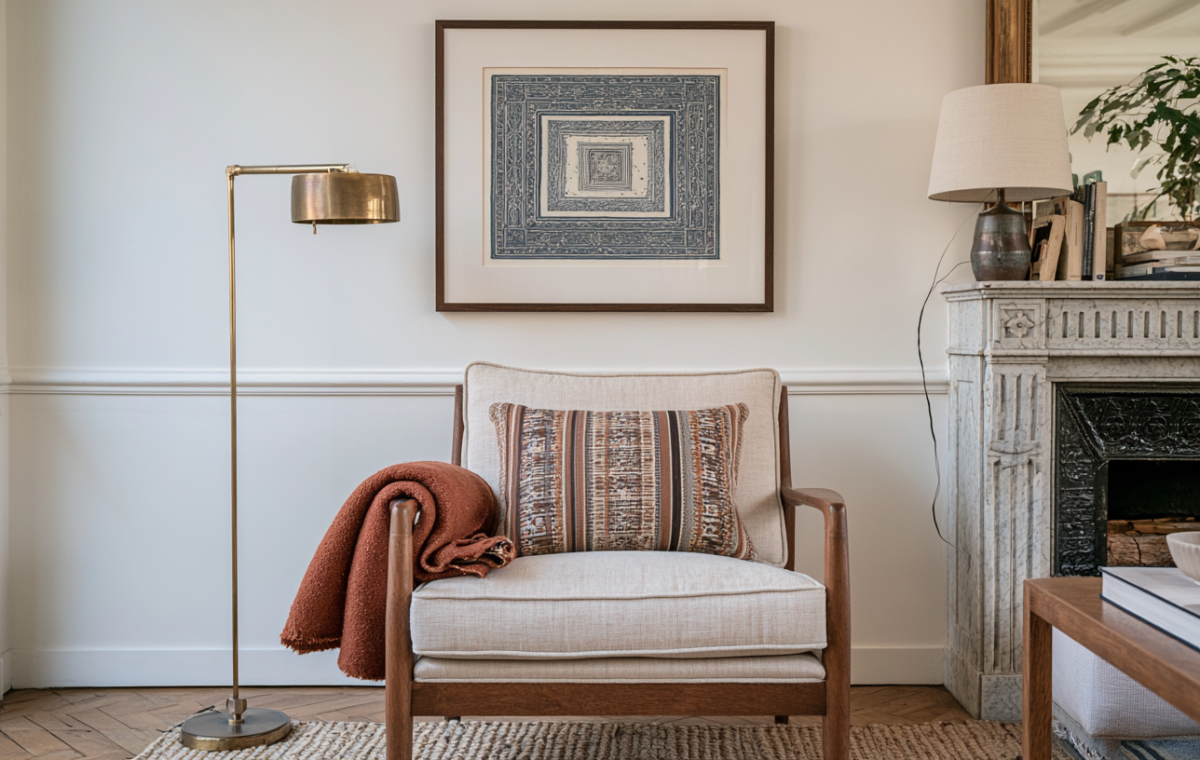Cozy reading nook featuring an accent chair styling setup with a brass floor lamp and layered textiles.