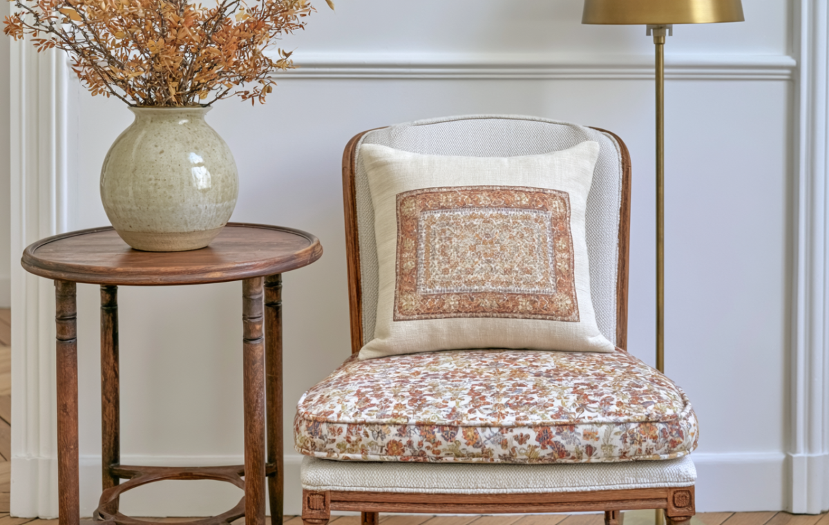 A chic patterned accent chair paired with a wooden side table and brass lamp for optimal accent chair styling.