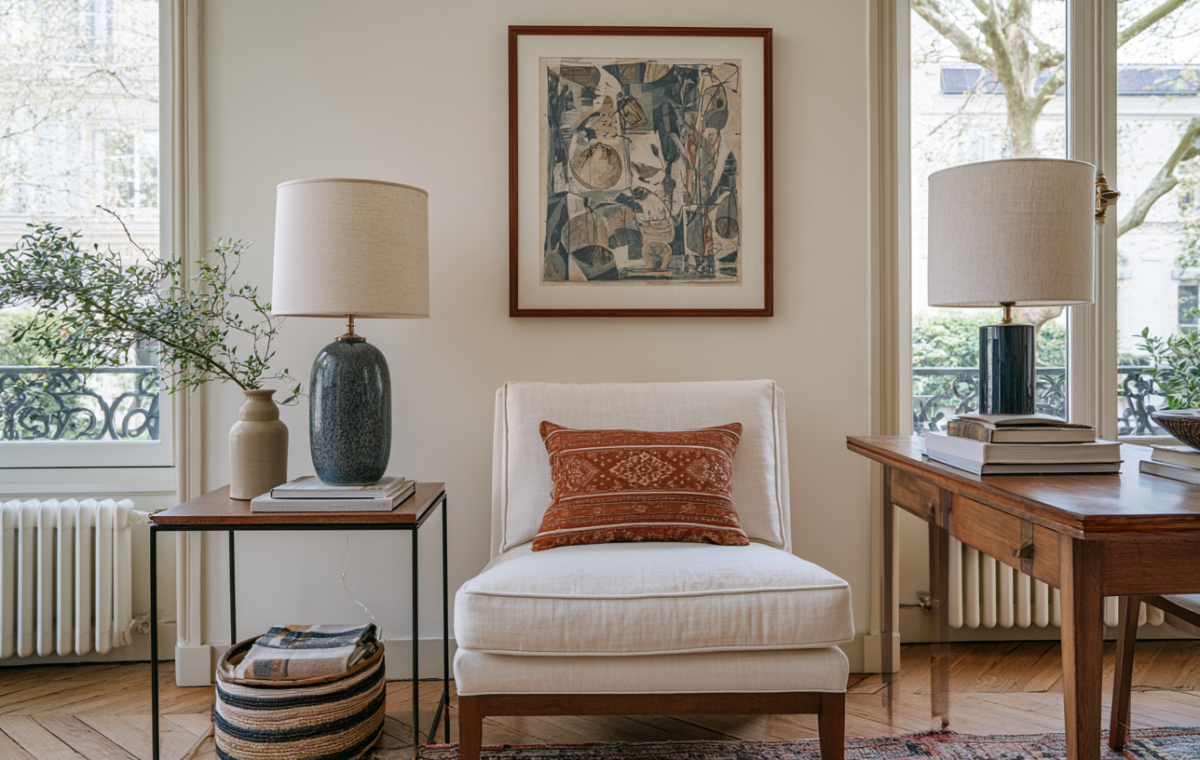 A stylish white accent chair with a rust pillow next to a wooden side table and lamp in a bright living room.