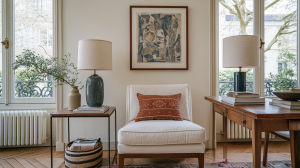 A stylish white accent chair with a rust pillow next to a wooden side table and lamp in a bright living room.