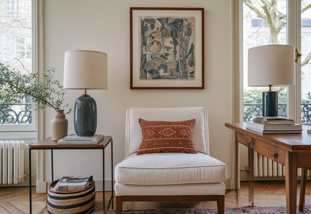 A stylish white accent chair with a rust pillow next to a wooden side table and lamp in a bright living room.