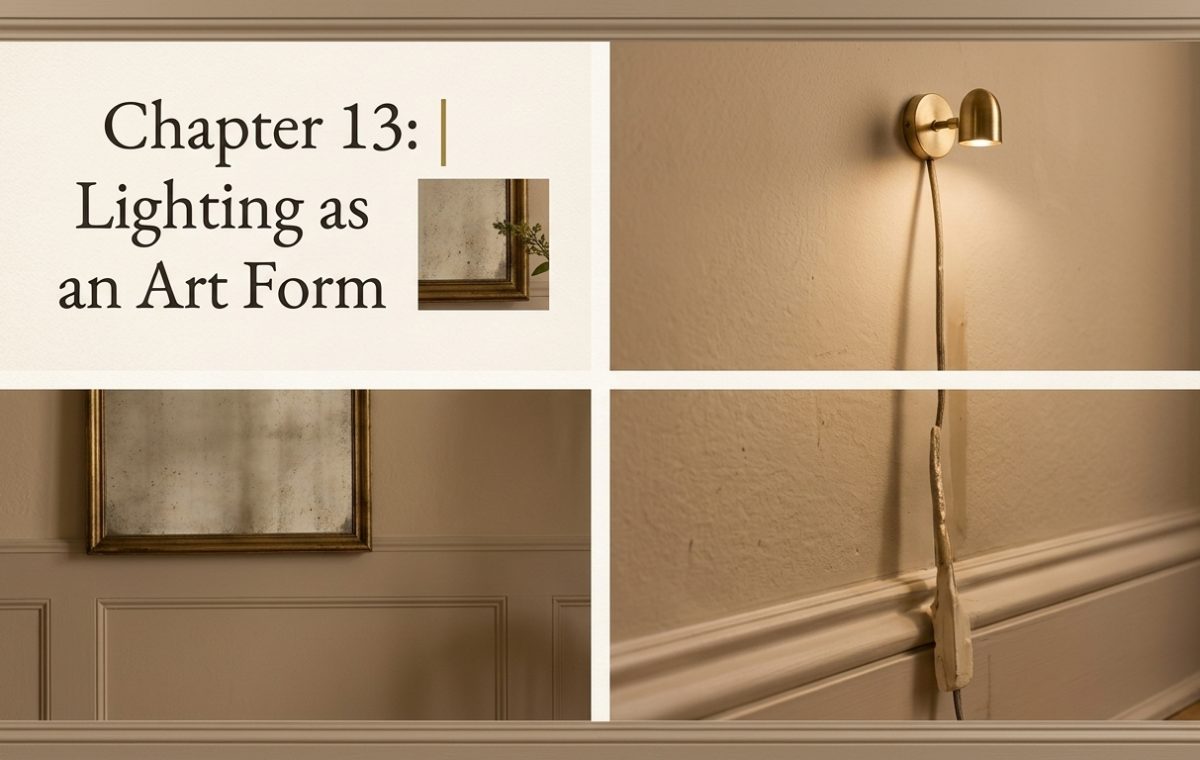 Brushed brass sconce casting directional glow beside an antiqued mirror in an accent lighting design setting.