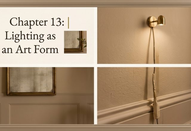 Brushed brass sconce casting directional glow beside an antiqued mirror in an accent lighting design setting.