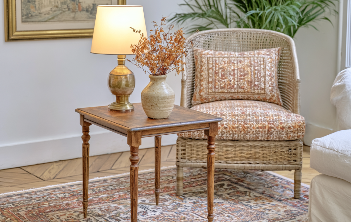 Antique side table styling featuring a brass lamp and ceramic vase in a traditional living room