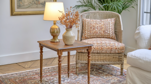Antique side table styling featuring a brass lamp and ceramic vase in a traditional living room