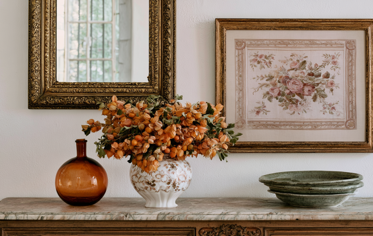 Antique sideboard styling with marble top, framed floral art, vintage mirror, and dried botanical arrangement