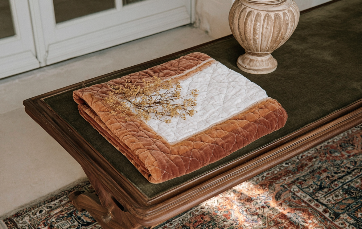 Antique wooden bench styling with a terracotta velvet blanket and a ceramic vase in an entryway