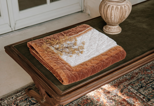 Antique wooden bench styling with a terracotta velvet blanket and a ceramic vase in an entryway