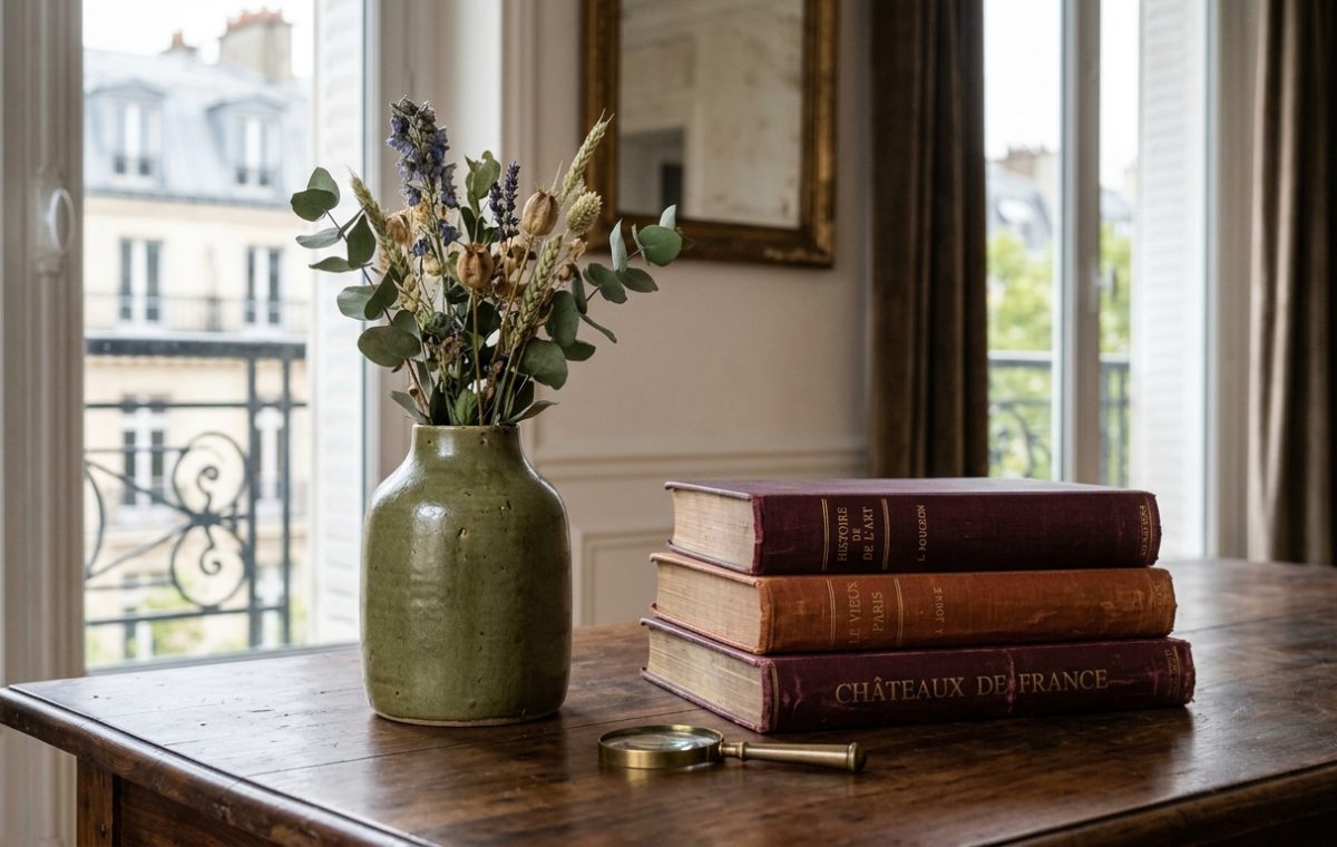 Antique wooden table styling featuring vintage books and a green ceramic vase with dried botanicals