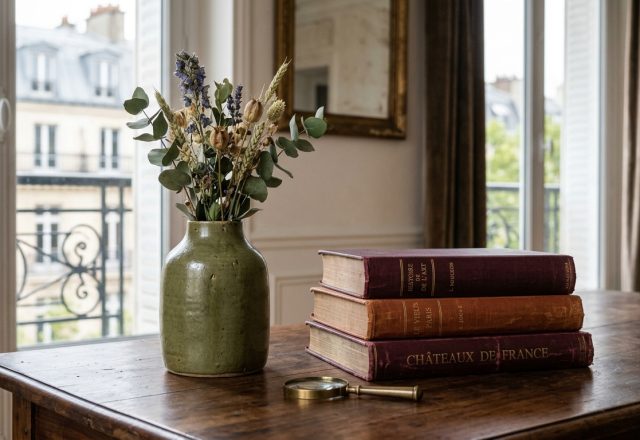 Antique wooden table styling featuring vintage books and a green ceramic vase with dried botanicals