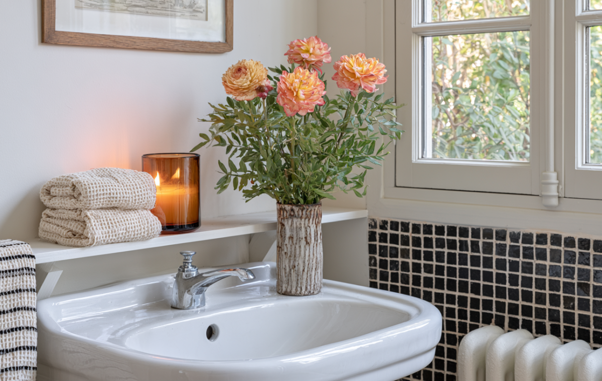 Close-up of a stylish bathroom shelf styling featuring flowers, folded towels, and a lit candle above a white basin.