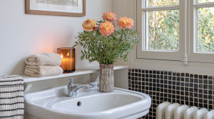 Close-up of a stylish bathroom shelf styling featuring flowers, folded towels, and a lit candle above a white basin.