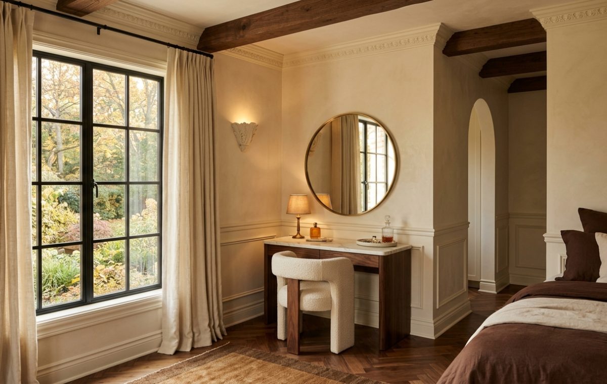 Elegant bedroom vanity nook styling featuring a round brass mirror, marble-top table, and boucle chair.