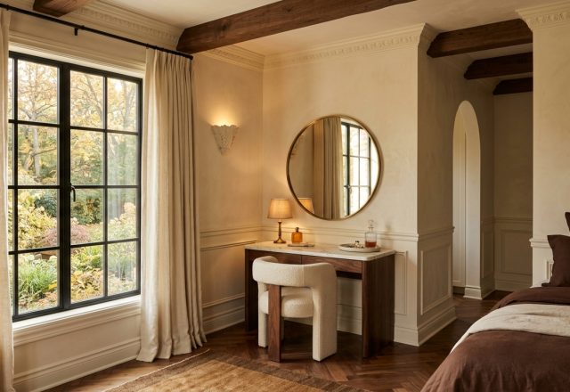 Elegant bedroom vanity nook styling featuring a round brass mirror, marble-top table, and boucle chair.