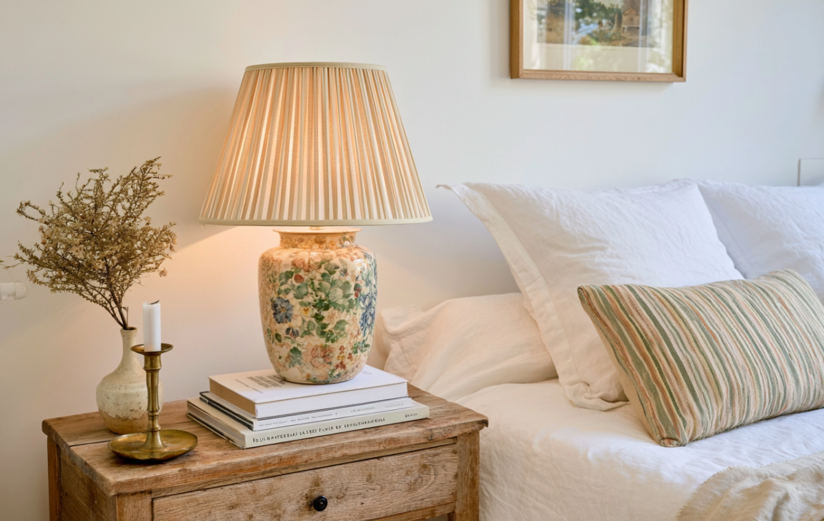 Cozy bedroom styling featuring a rustic wooden nightstand with a vintage floral lamp and books.