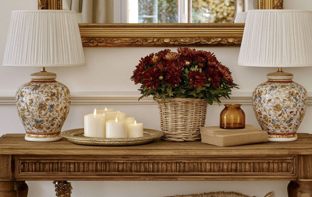 Console table styling featuring matching lamps, autumn mums in a woven basket, and pillar candles on a brass tray.