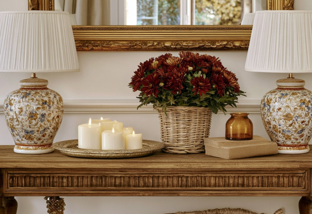 Console table styling featuring matching lamps, autumn mums in a woven basket, and pillar candles on a brass tray.