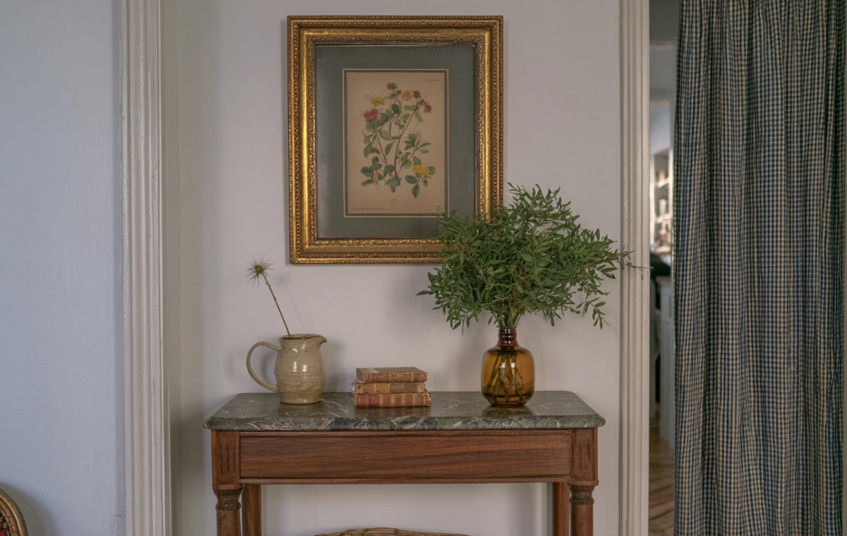 Console table styling with marble top, vintage botanical art, and an amber glass vase filled with green stems in a hallway.