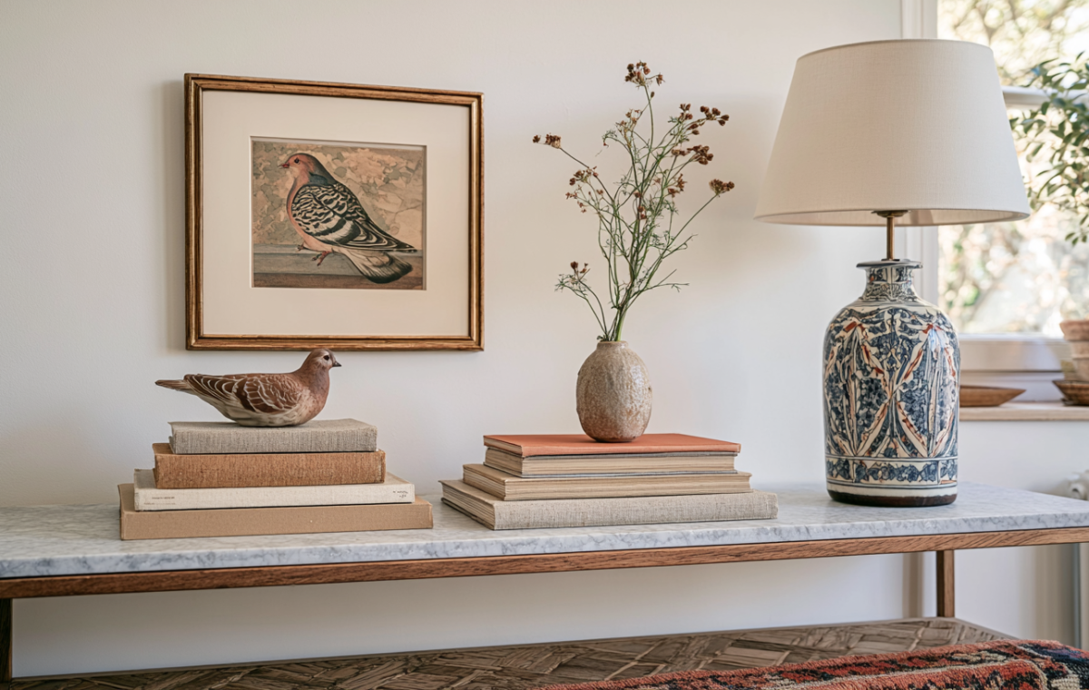 Elegant console table styling featuring marble top, stacked books, framed bird art, and a patterned ceramic table lamp in a neutral living room.