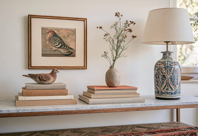 Elegant console table styling featuring marble top, stacked books, framed bird art, and a patterned ceramic table lamp in a neutral living room.