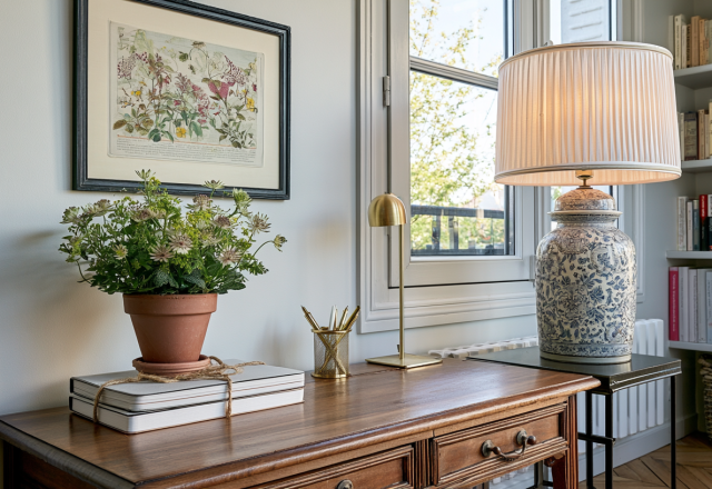 A beautifully styled wooden console table featuring a large ceramic lamp, botanical art, and stacked books.