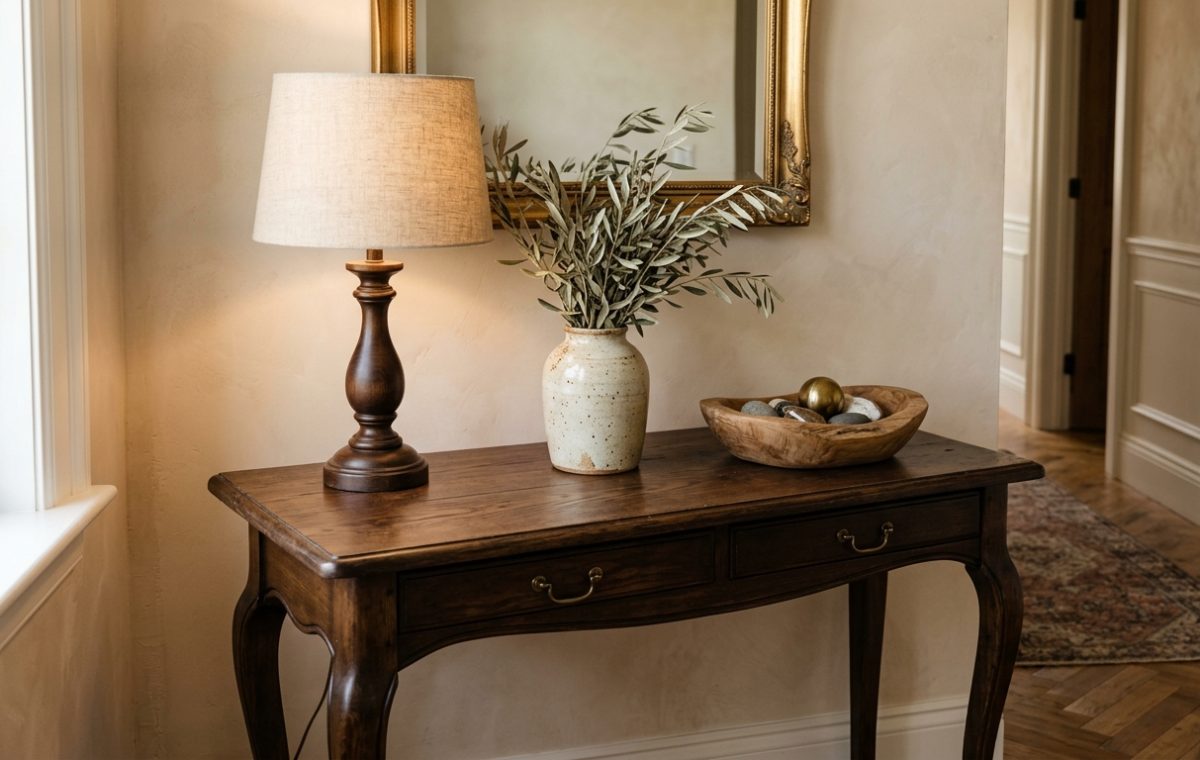 Console table styling featuring a wooden lamp, olive branches in a ceramic vase, and a decorative bowl.