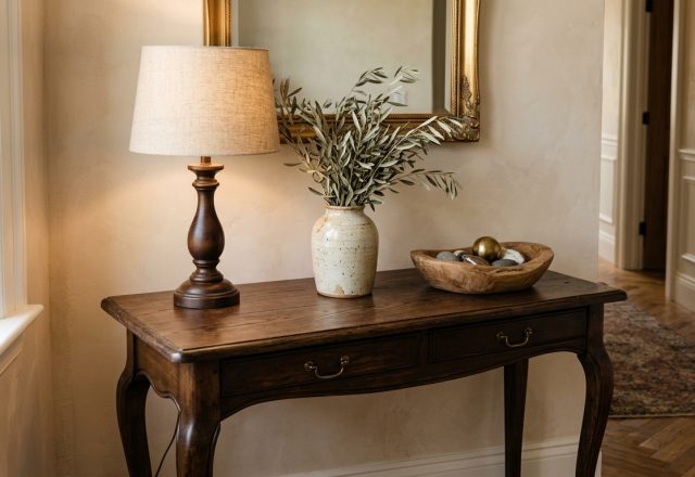 Console table styling featuring a wooden lamp, olive branches in a ceramic vase, and a decorative bowl.