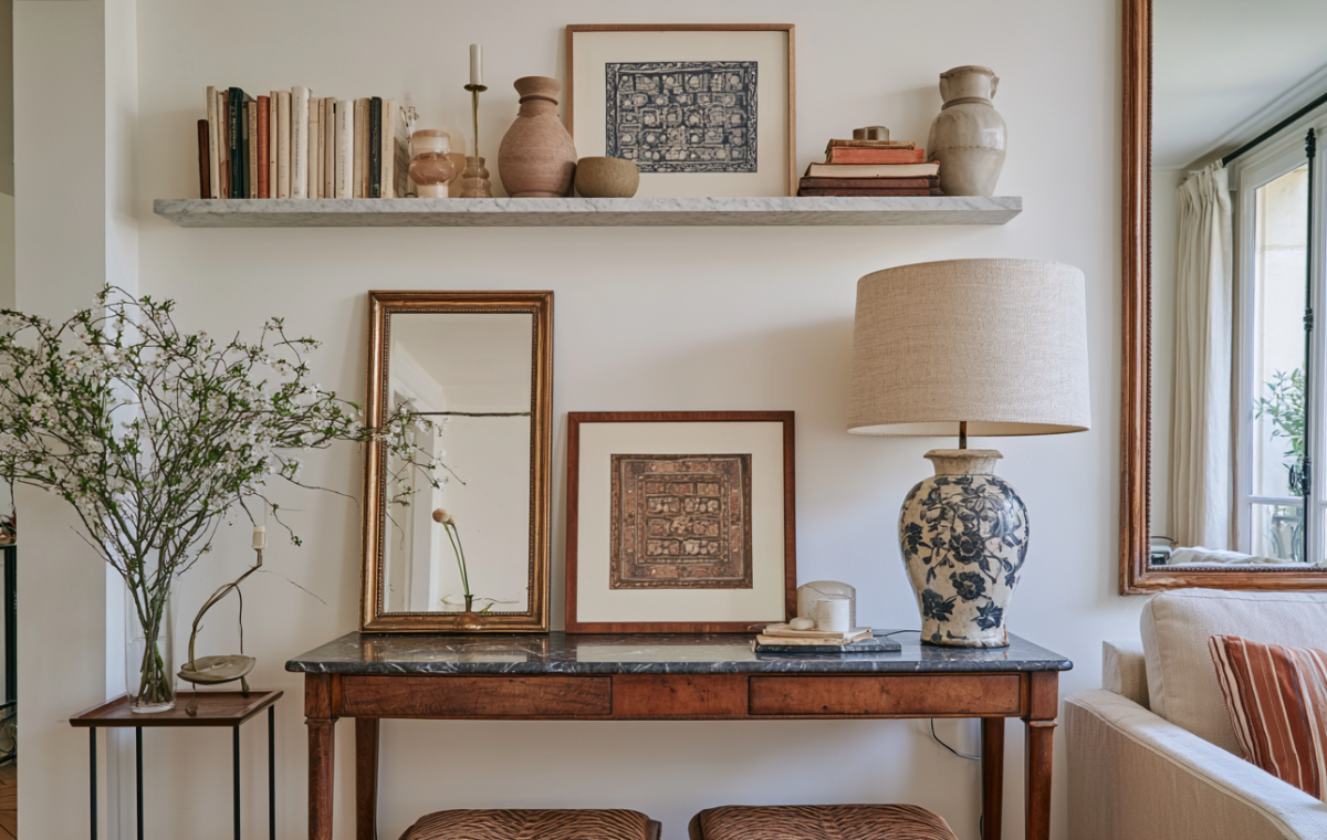 Console table styling featuring antique wood, framed art, and a patterned ceramic table lamp in a living room.